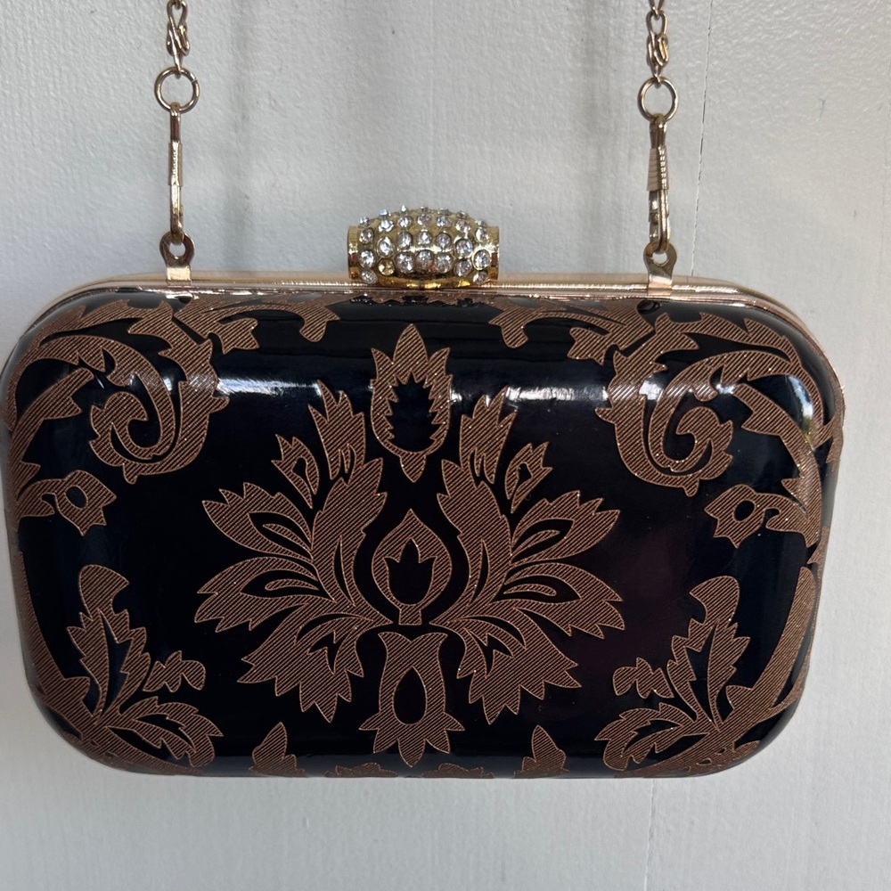 Coco + Carmen Black and Gold Patterned Clutch with sparkly clasp
